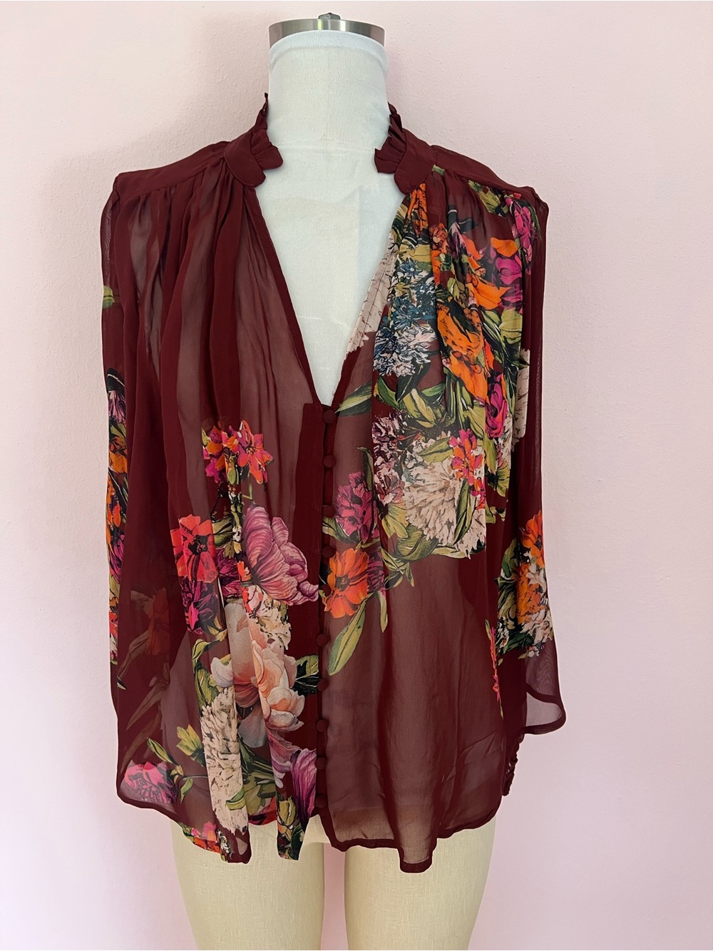 Anthropologie Burgundy Floral Sheer V-Neck Blouse